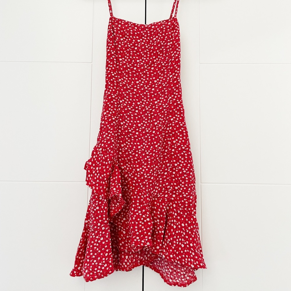 Sundae Muse Red White Floral Asymmetrical Ruffle Dress size 0